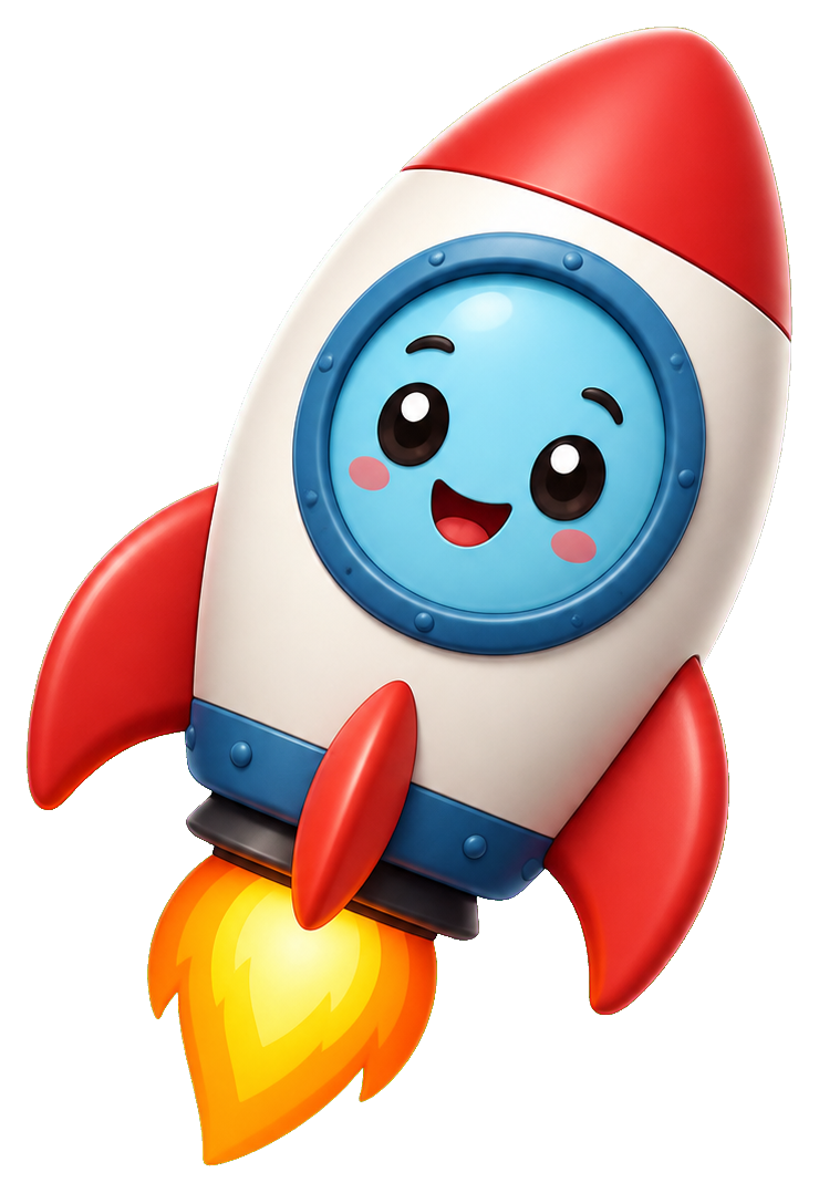 Cute smiling rocket mascot with red fins and bright flame blast