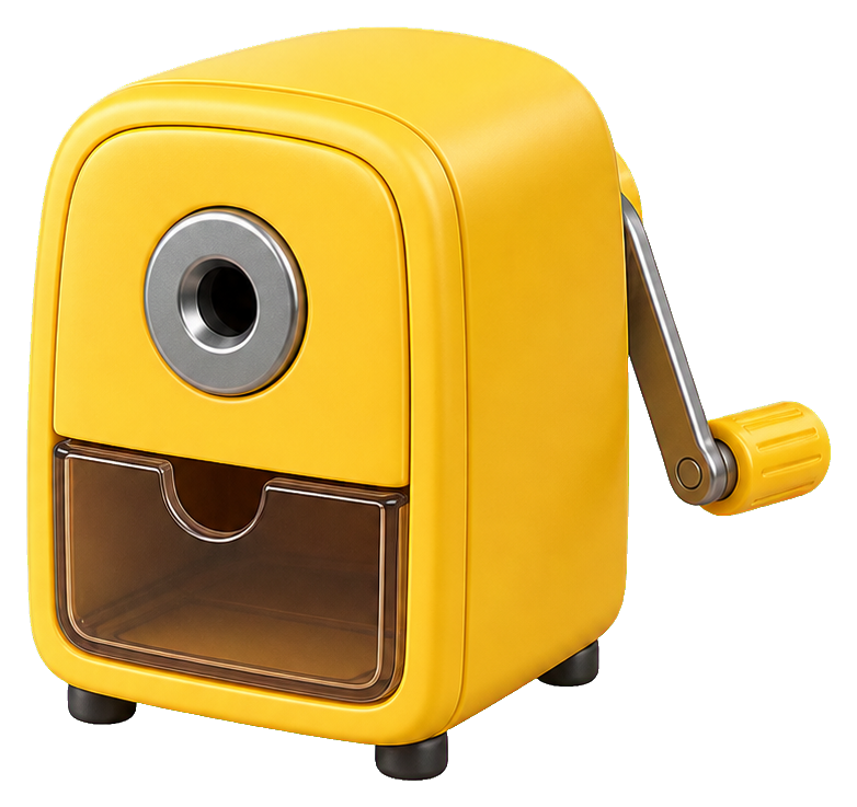 Yellow crank sharpener with a metal handle and dark pencil opening