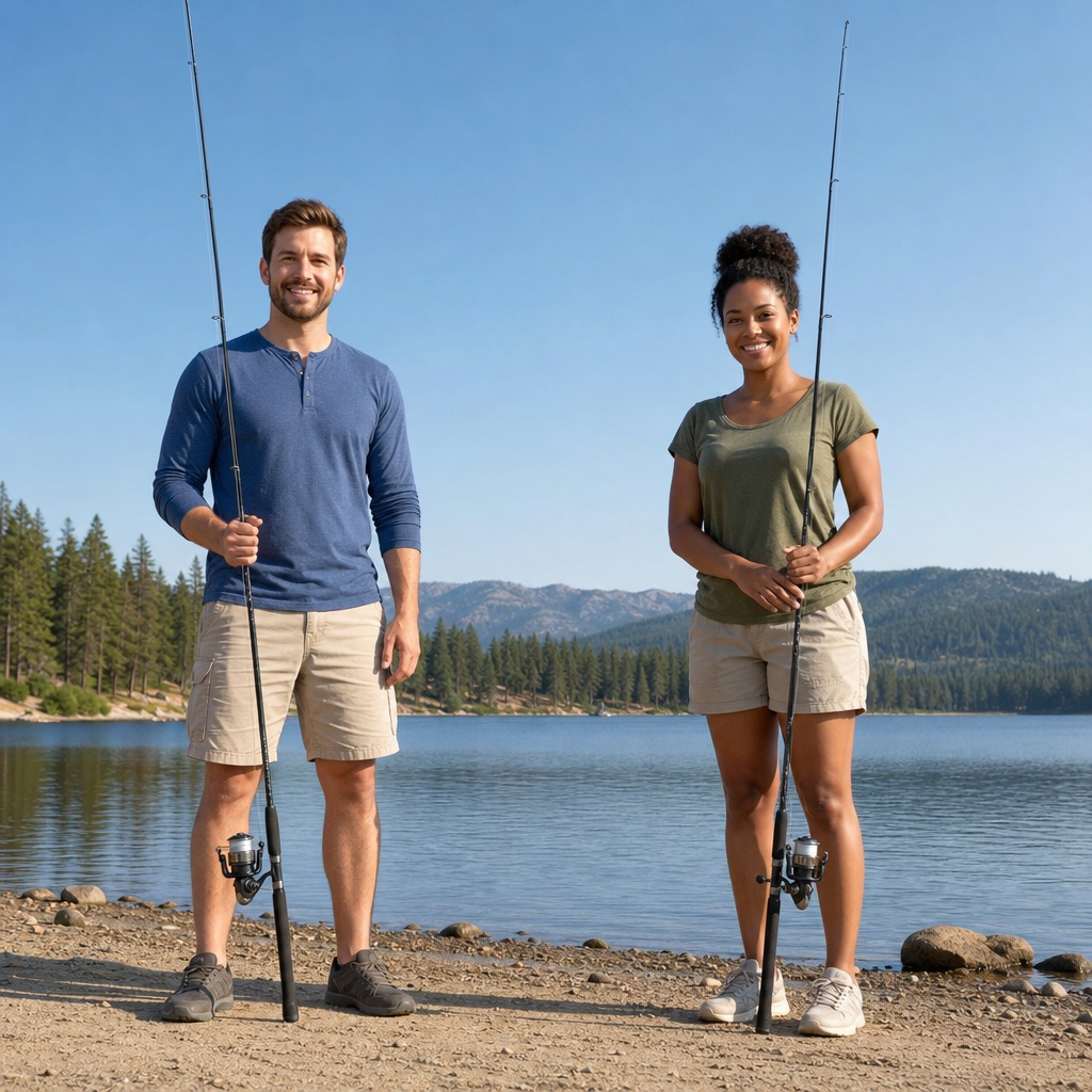 Two friends standing on a lakeside shoreline holding fishing rods beside calm water.
