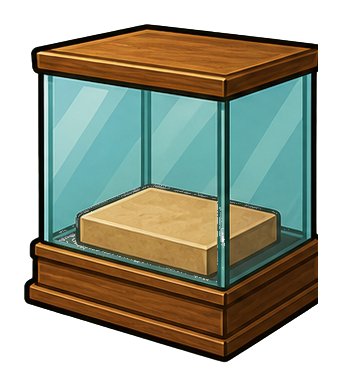 A glass display case with wooden trim and a tan display base