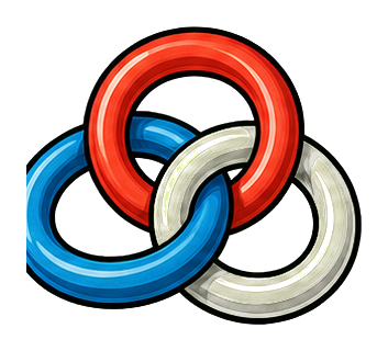 Colorful interlocking rings in blue, red, and olive green on a dark background.