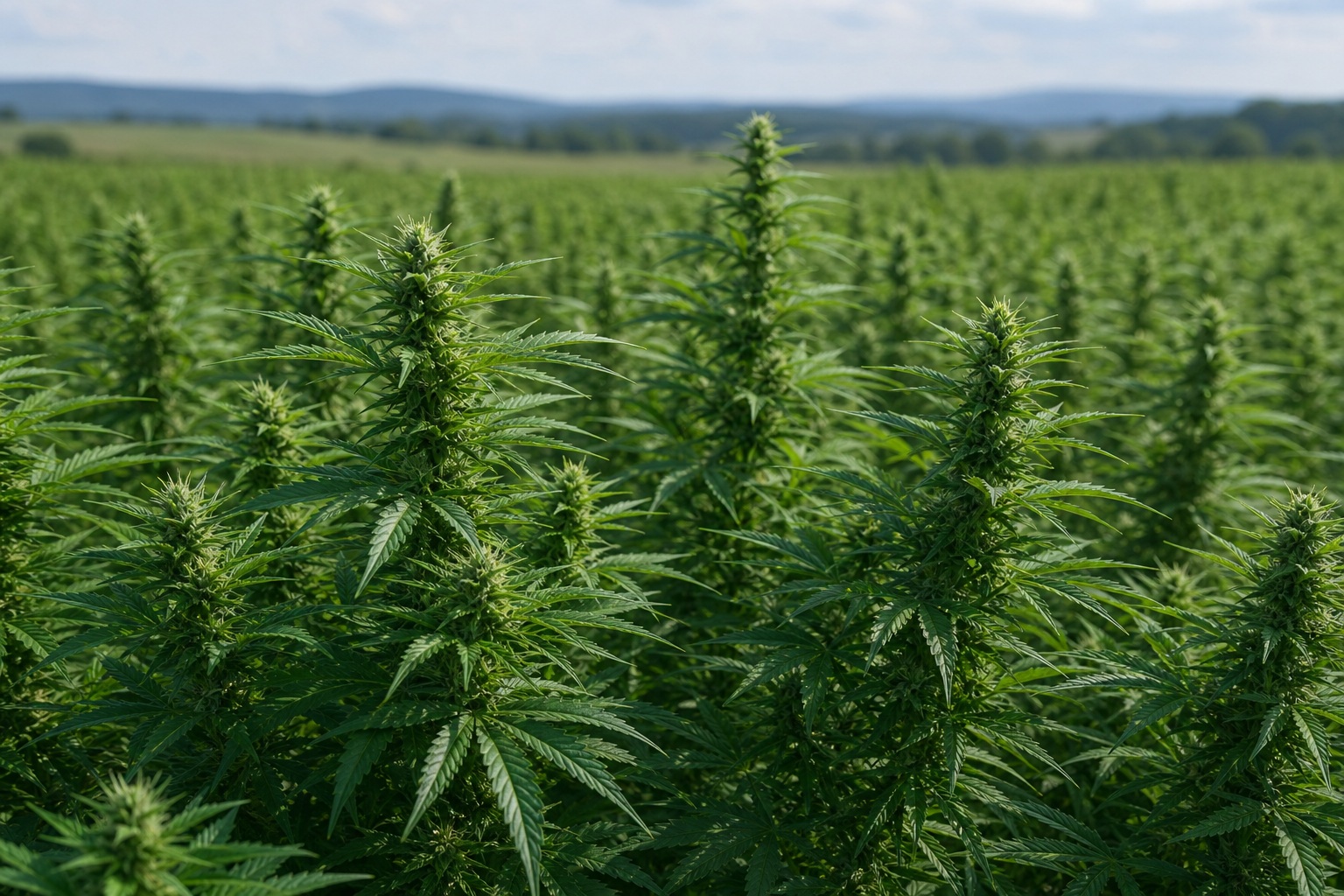 Rows of green cannabis plants growing in an outdoor field under a cloudy sky.