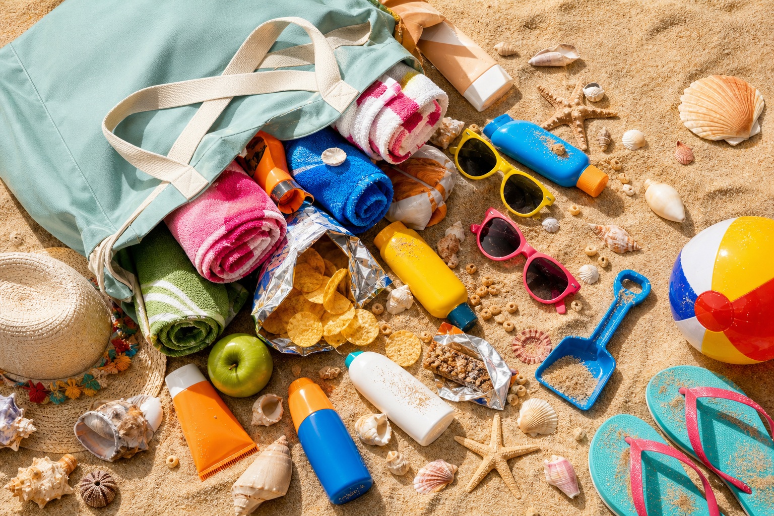 Messy beach bag with sunscreen, sunglasses, flip-flops, and summer accessories on sand