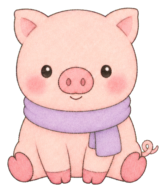 Cute kawaii pig sitting with a purple scarf and rosy cheeks.