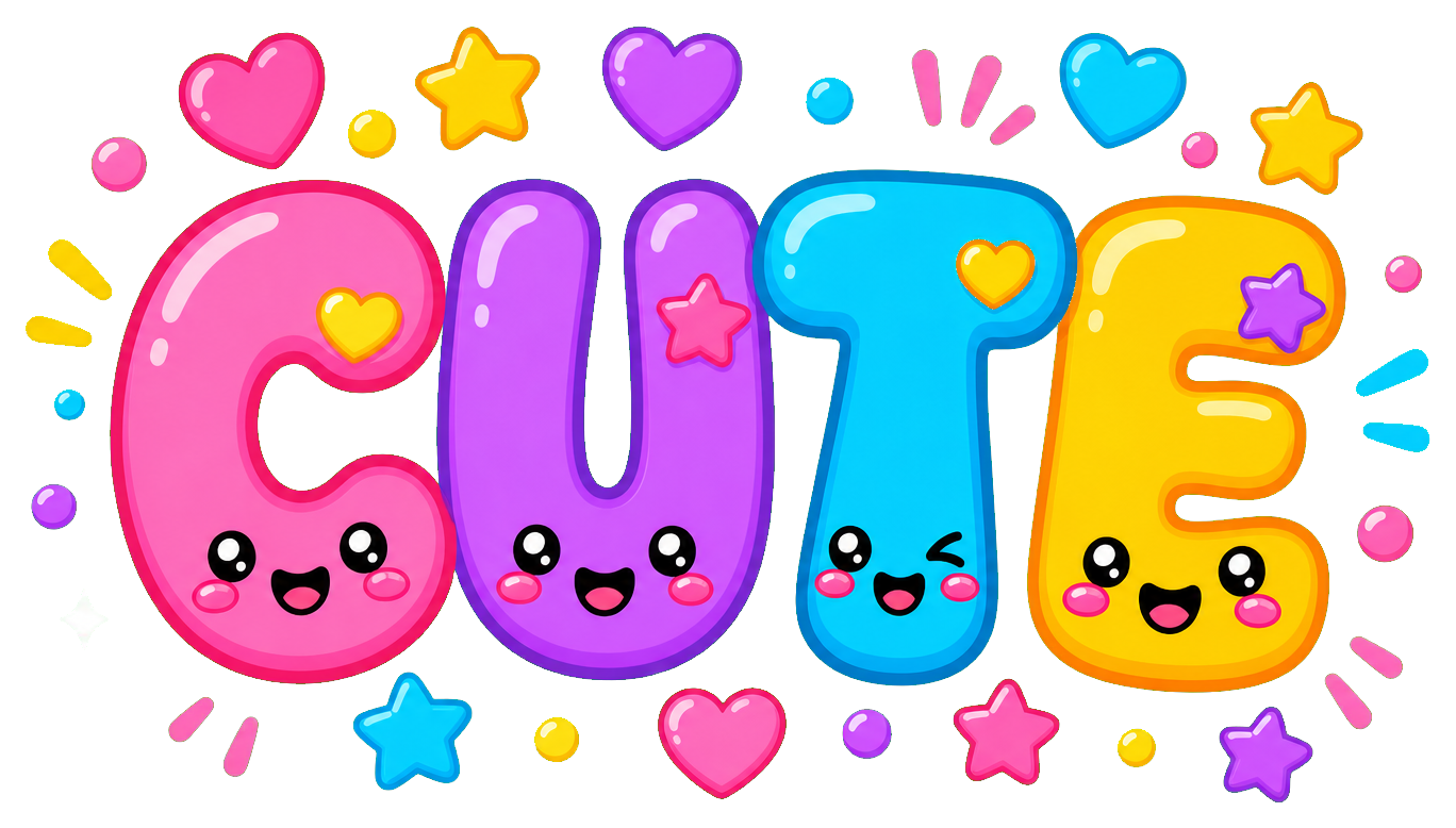 Colorful bubble letters spelling cute with hearts, stars, and a playful outline.