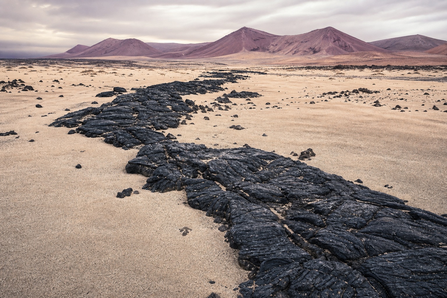 Black basalt ribbon crossing a salt flat desert with distant mountains
