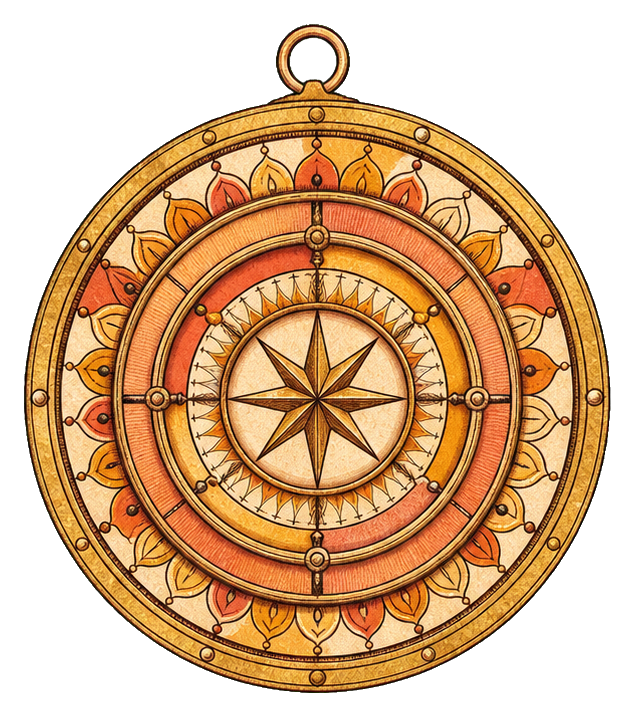 Circular ornate astrolabe with a star compass and warm folk-style celestial details