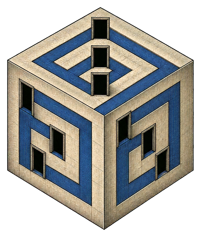 Black and white cube with spiral cutout doors and geometric optical illusion details