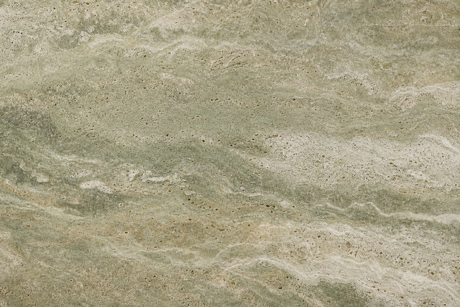 Sage-toned travertine stone surface with soft pores and layered mineral texture