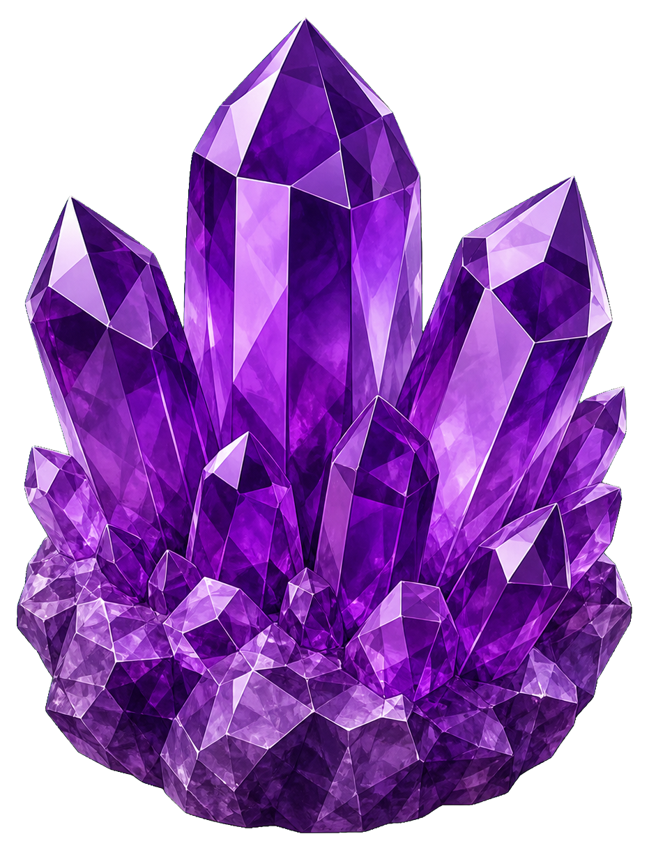 Purple amethyst crystal cluster with faceted pointed crystal formations