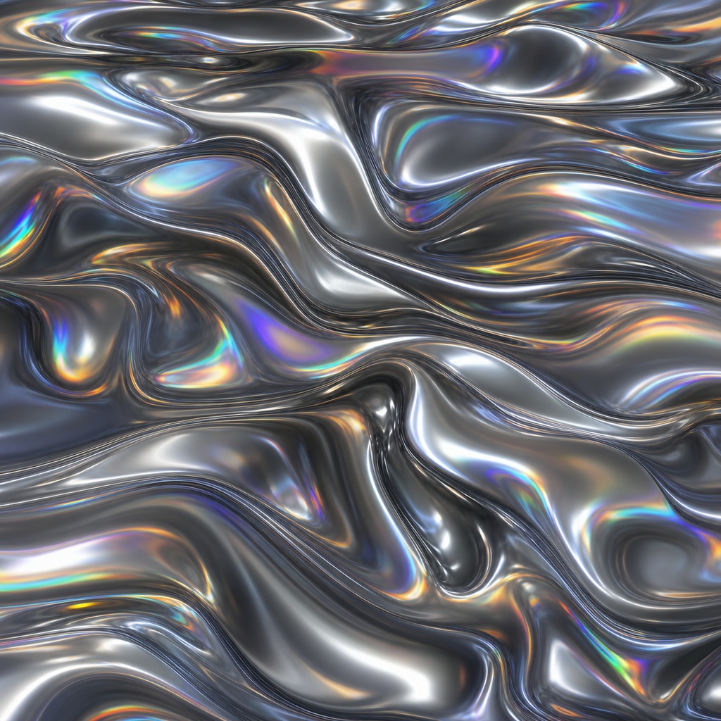 Reflective liquid chrome waves in silver, graphite, and rainbow tones