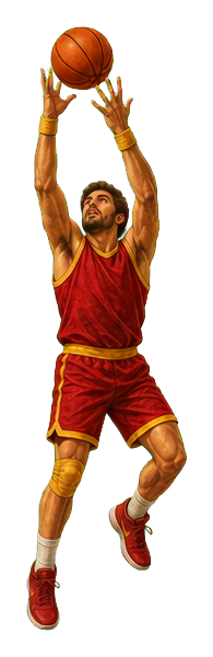 Basketball player in red uniform jumping with both hands reaching for the ball