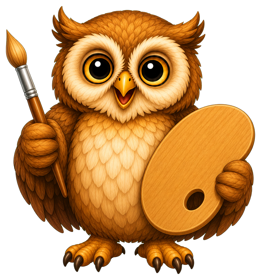 Cute owl holding a paintbrush and palette