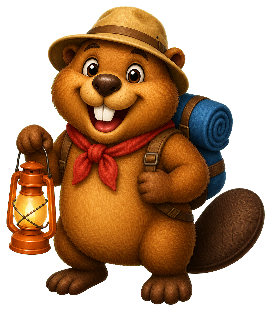 Smiling beaver wearing a hat, scarf, and backpack while holding a lantern