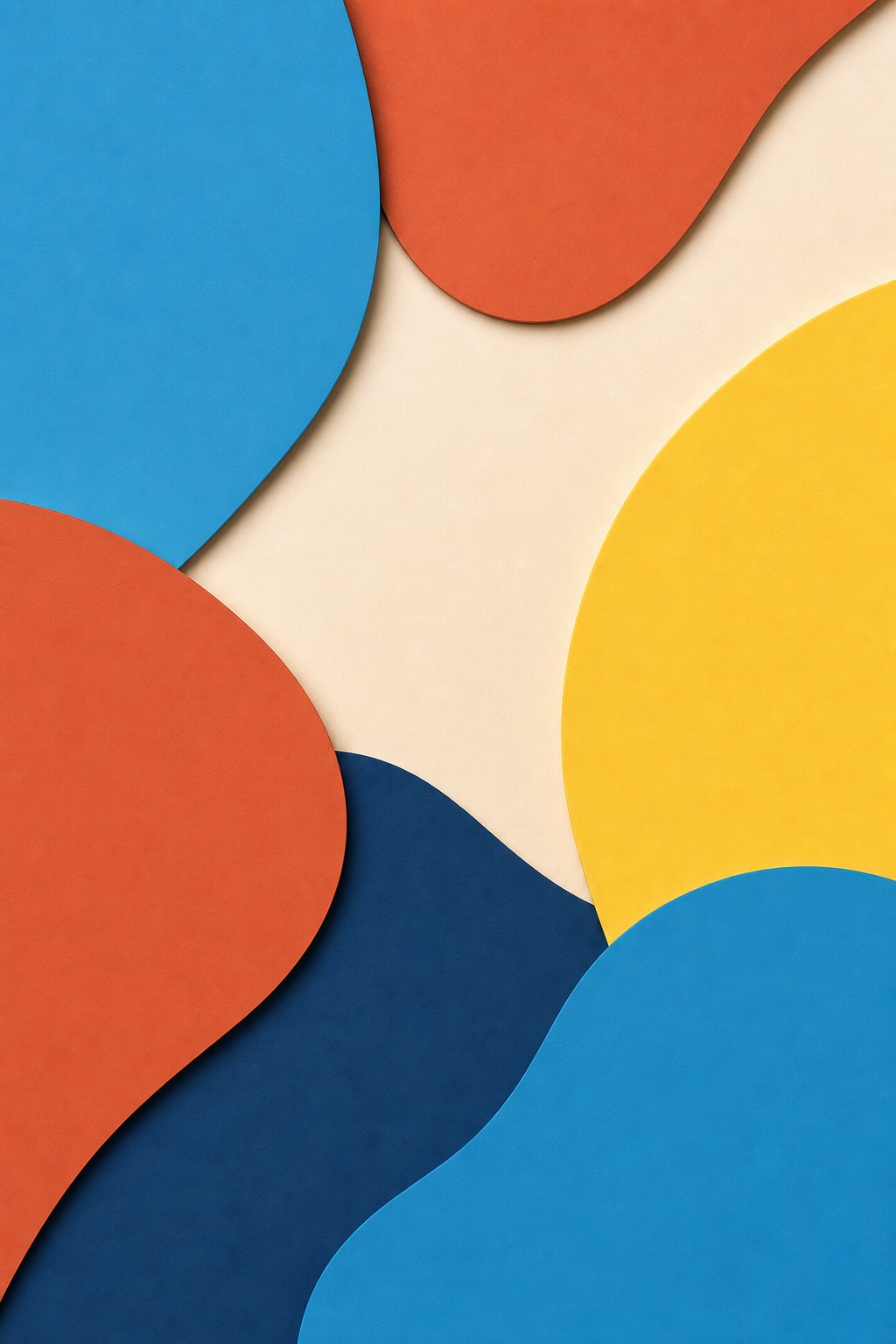 Layered abstract paper-cut shapes in blue, orange, yellow, and cream on a modern background