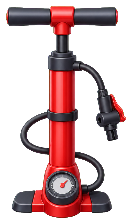 Red bicycle pump with black handle, hose, and gauge sticker graphic.