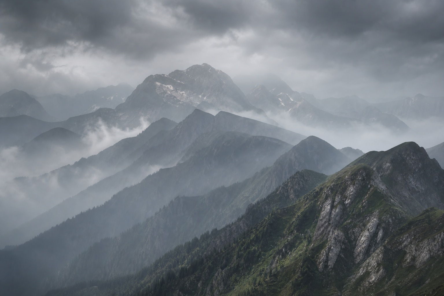 Layered mountain peaks fading into mist under a cloudy gray sky.