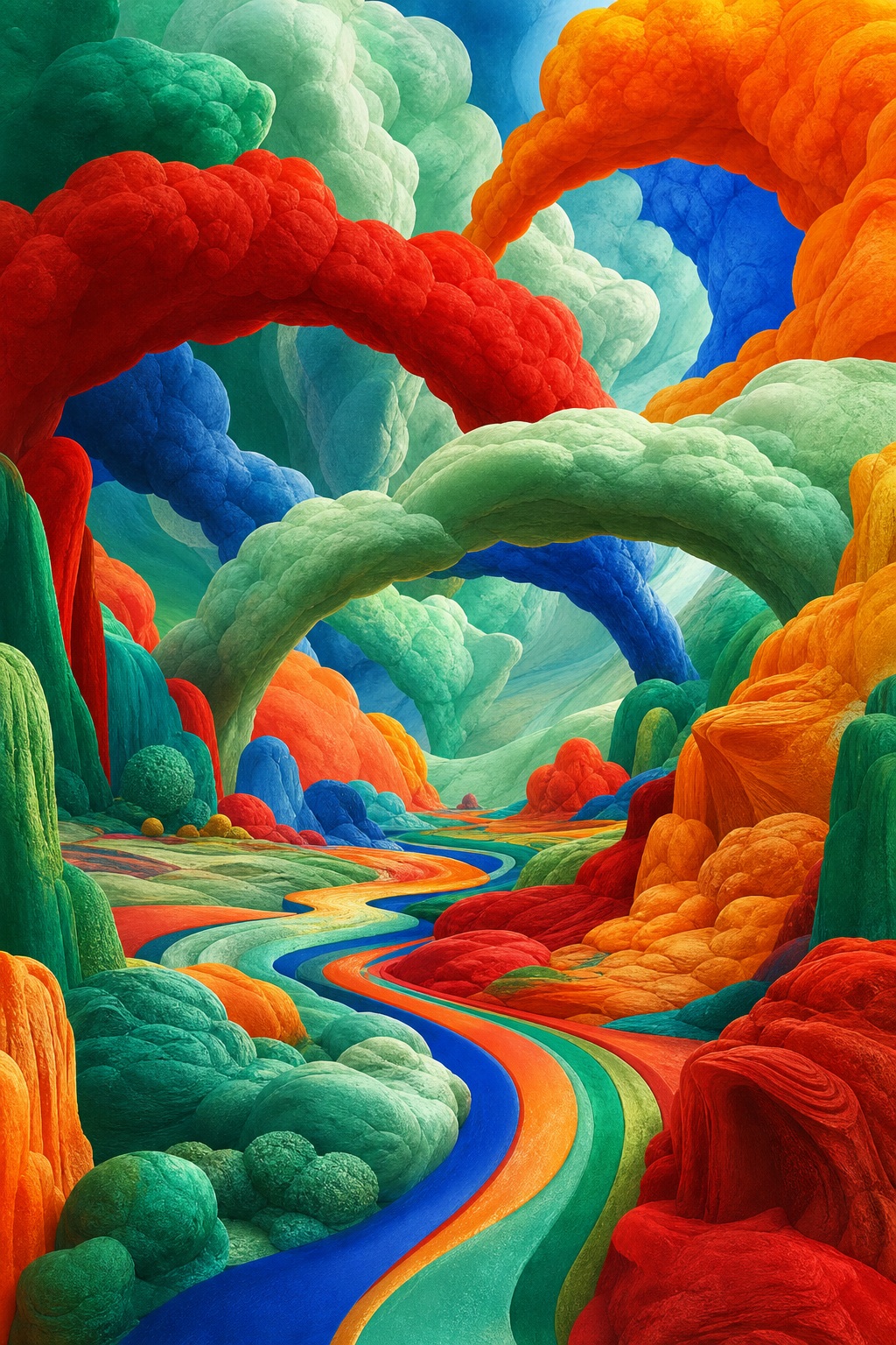 Colorful surreal landscape with rainbow cloud bridges over a winding path