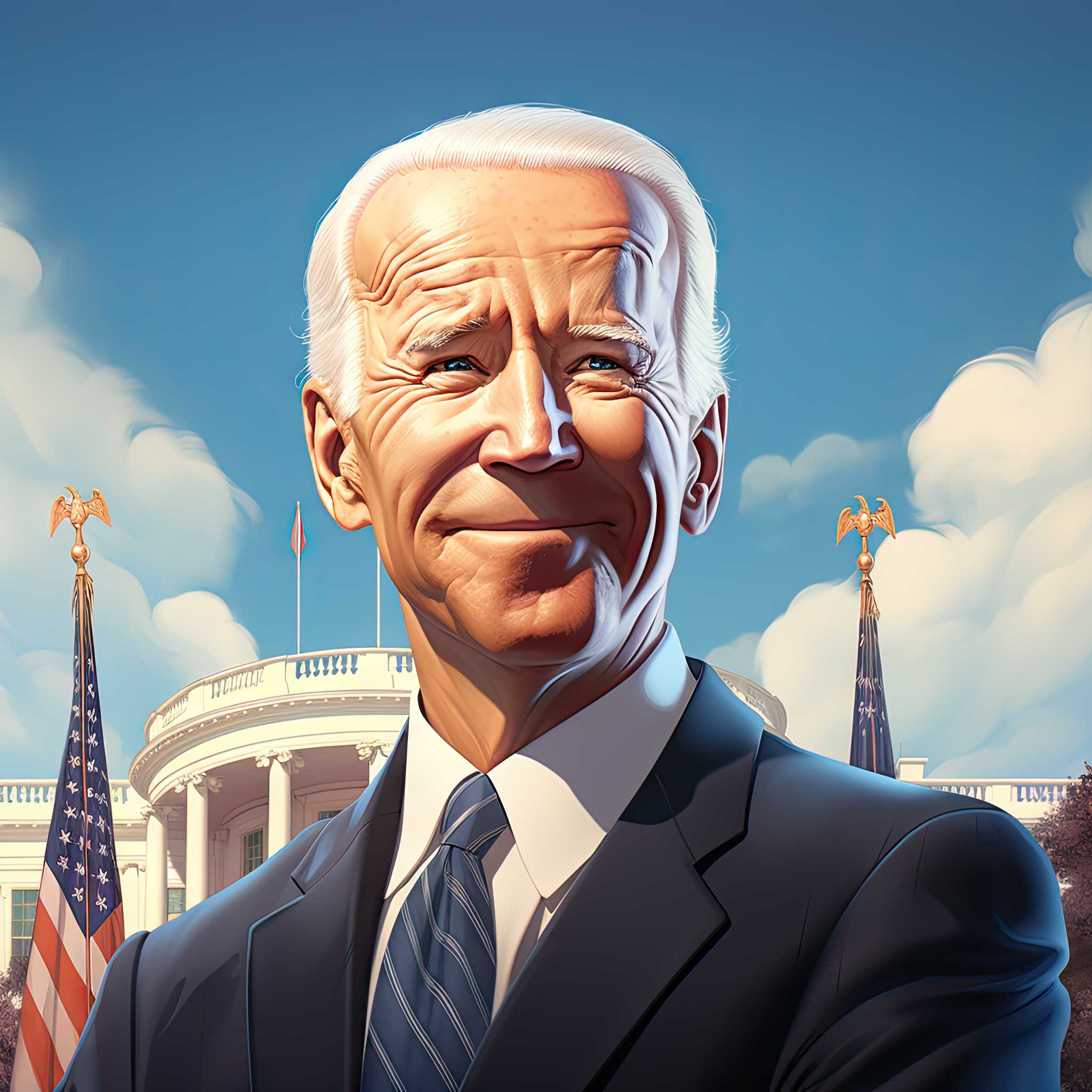 Stylized portrait of President Biden in front of the White House with American flags.