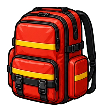 Red emergency backpack with black trim and yellow reflective bands, shown as a sticker graphic.