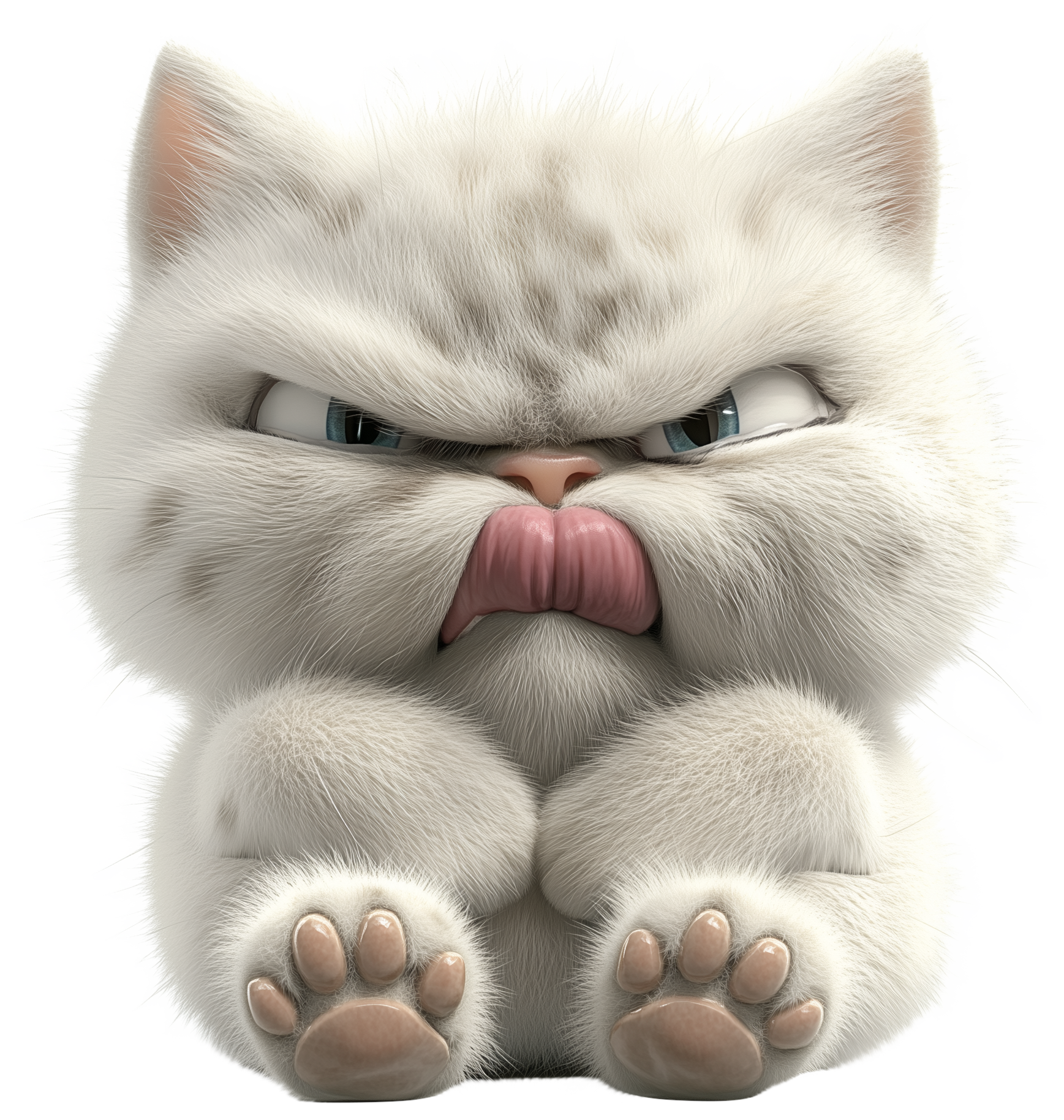 Fluffy white angry cat emoji with paws and a pouty expression