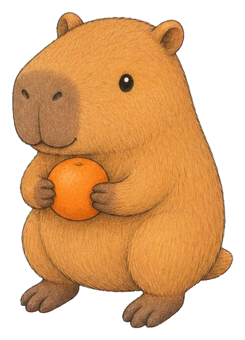 Cute orange capybara holding an orange fruit in a sitting pose