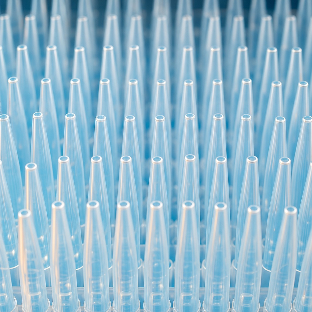 Rows of blue pipette tips arranged tightly in a laboratory setting.