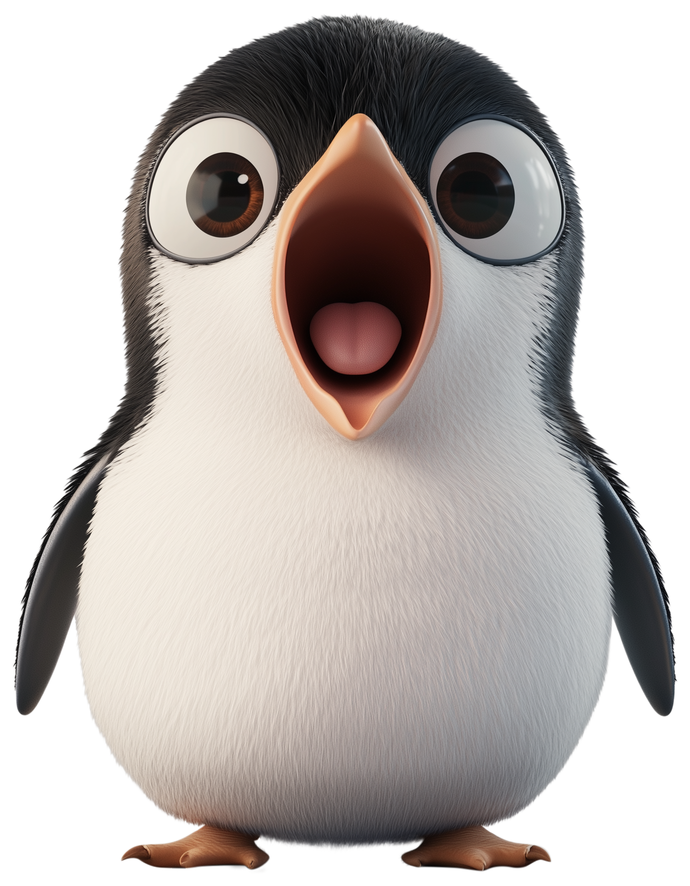Cute cartoon penguin with open beak and wide eyes on a transparent background