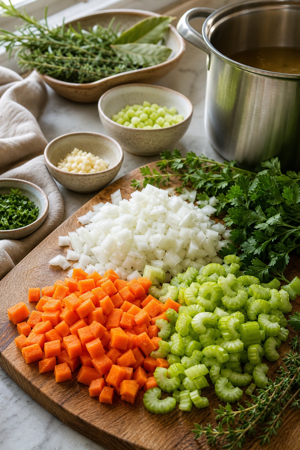 Vertical kitchen still life with chopped vegetables, herbs, and ingredients on a wooden board.