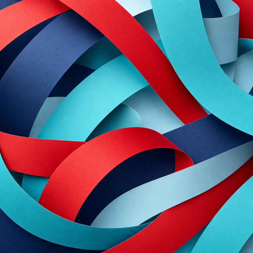 Abstract aqua and red paper bands sweeping across a dark background