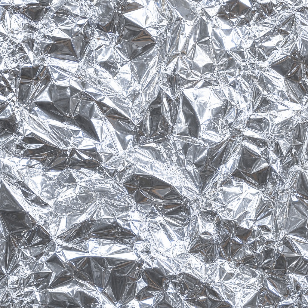Crinkled silver foil surface with a shiny metallic shimmer texture