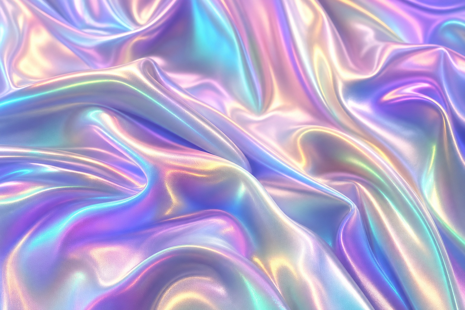 Abstract iridescent folds in pink, purple, blue, and gold shimmer fabric texture.