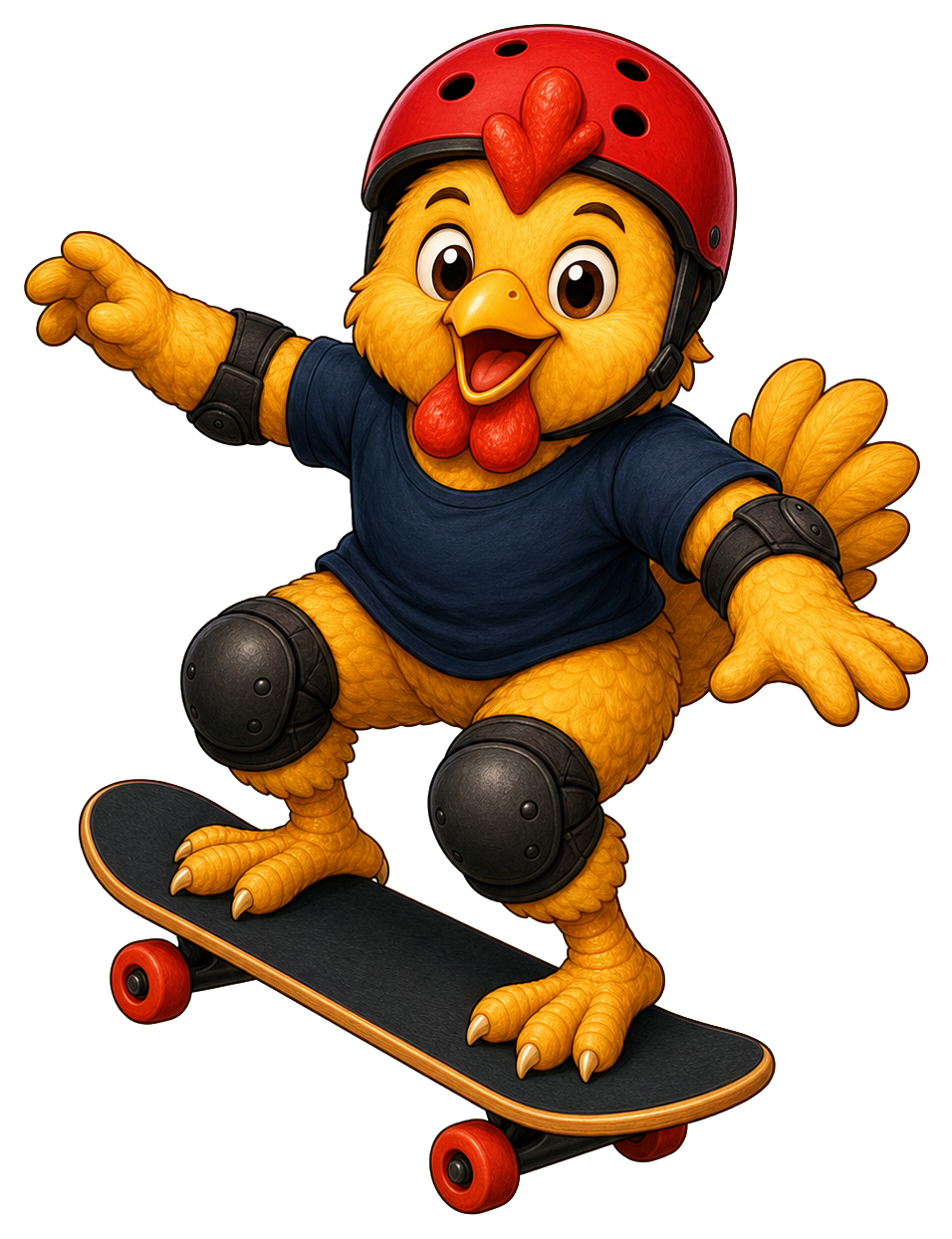 Cartoon chicken wearing a helmet and dark outfit riding a skateboard