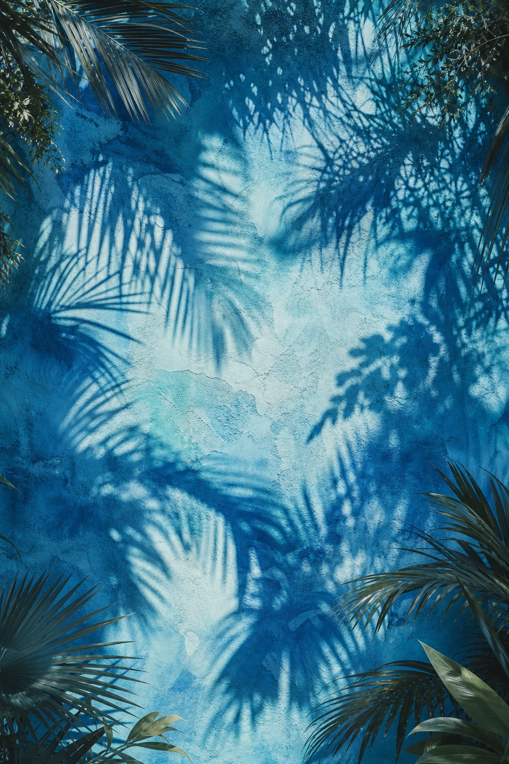 Blue-toned lagoon scene with palm leaf shadows and dense tropical canopy light patterns.