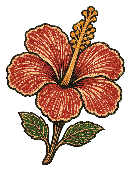 Carved woodblock-style red hibiscus flower with green leaves and stem