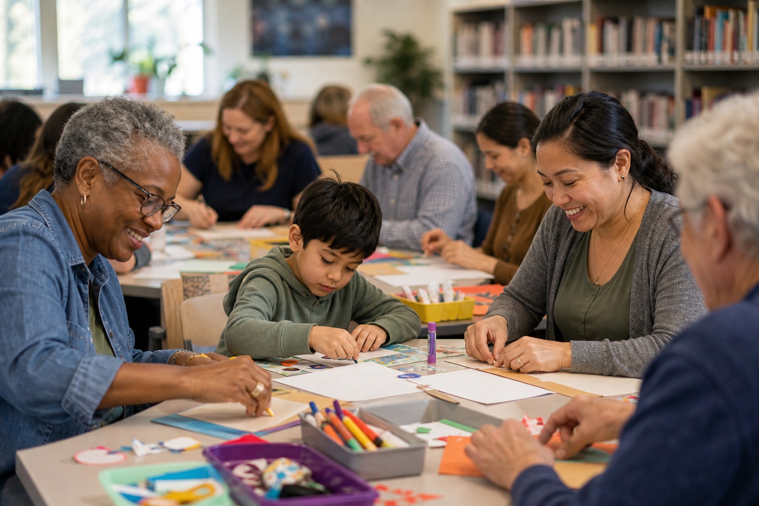 People gathered around a table crafting in a public library with bookshelves behind them.