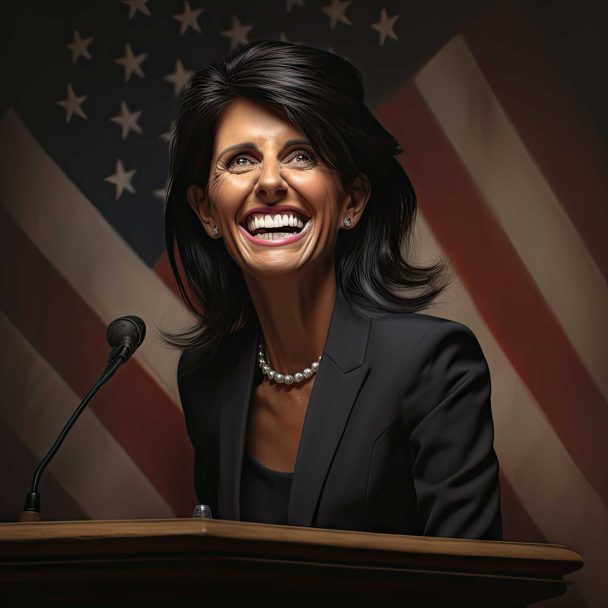 Woman speaking at a podium with an American flag backdrop.