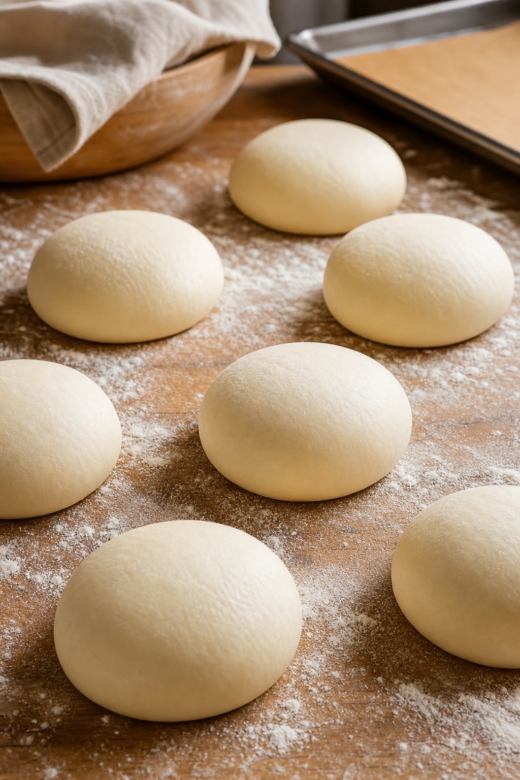 Smooth dough rounds arranged on a floured wooden work surface in daylight.