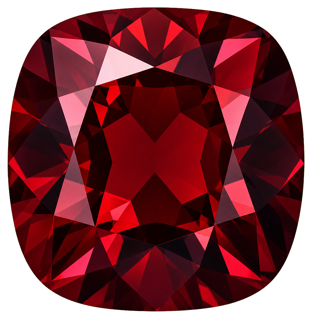 Faceted deep red garnet gemstone sticker with a rounded square shape.
