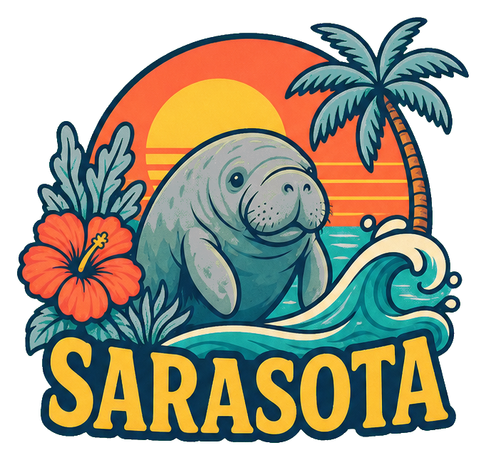 Retro Sarasota sticker with a manatee, sunset, palm tree, and ocean waves