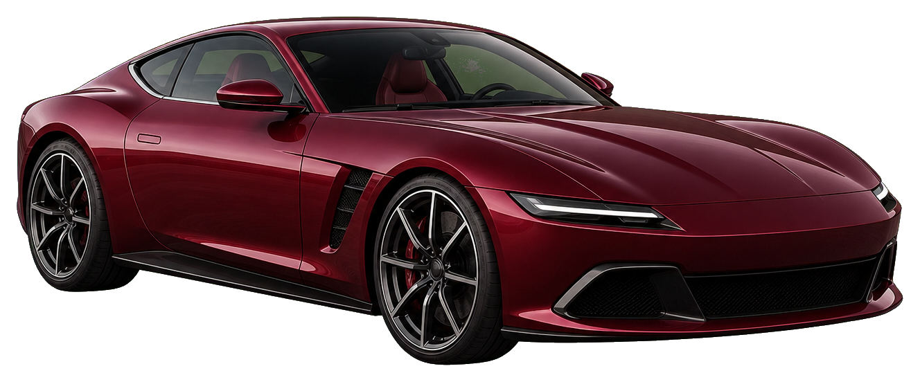 Burgundy classic sports car with a sleek low profile and dark wheels.