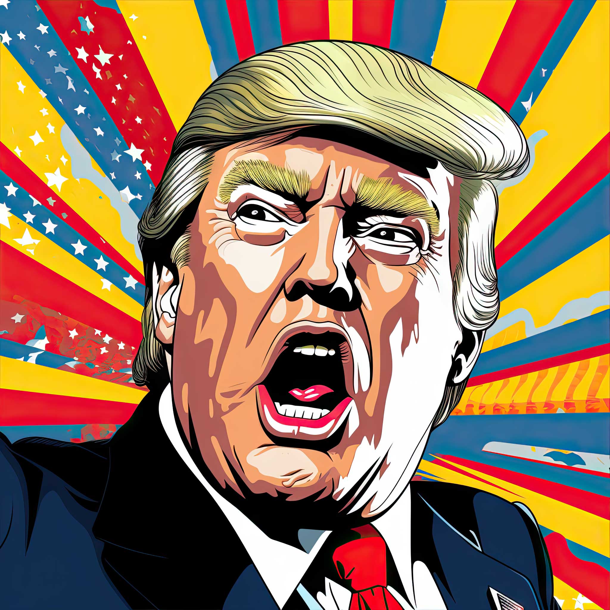 Pop art portrait of Donald Trump with an open mouth and colorful comic-style rays behind him.