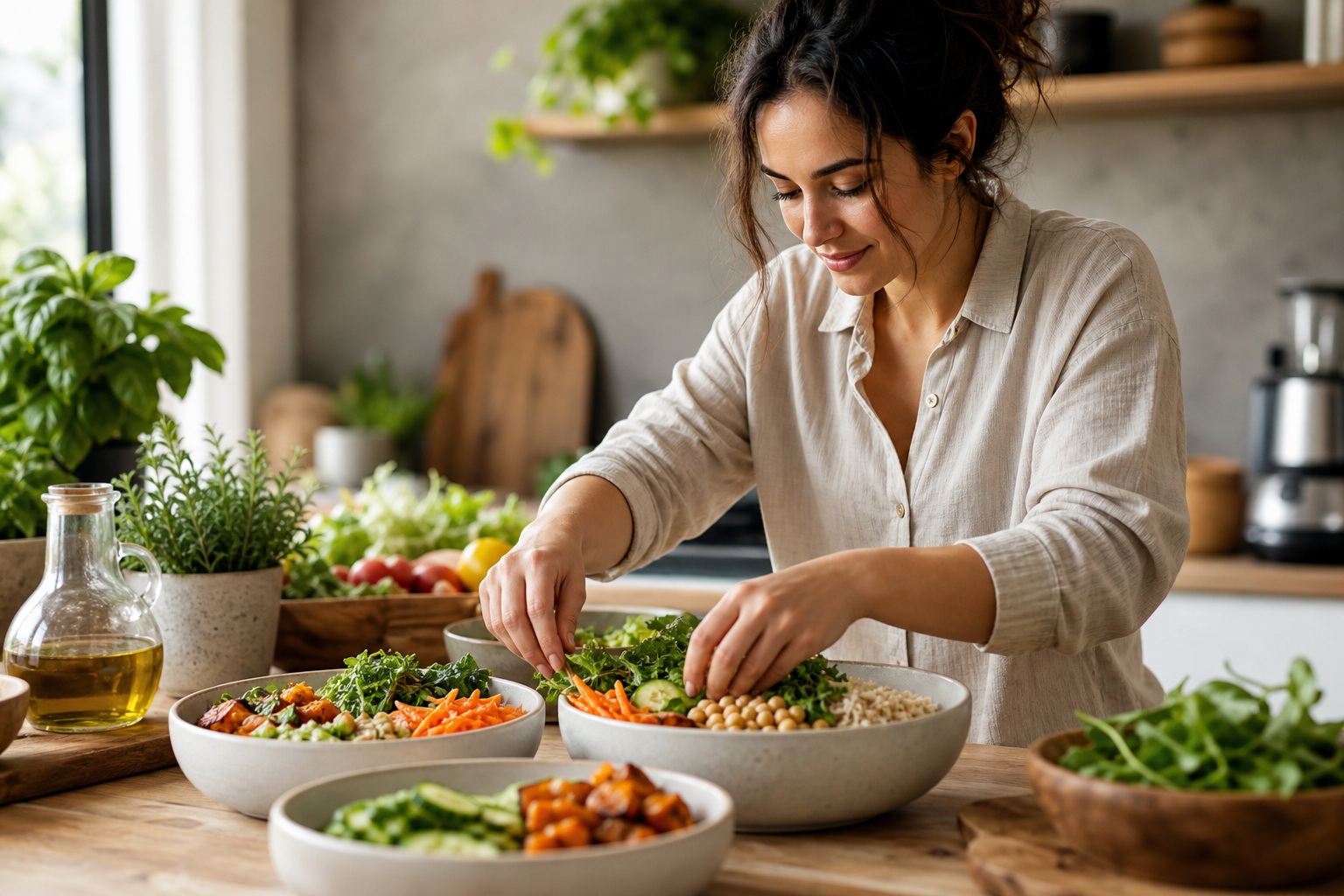 Woman arranging fresh vegetables into bowls in a quiet kitchen.