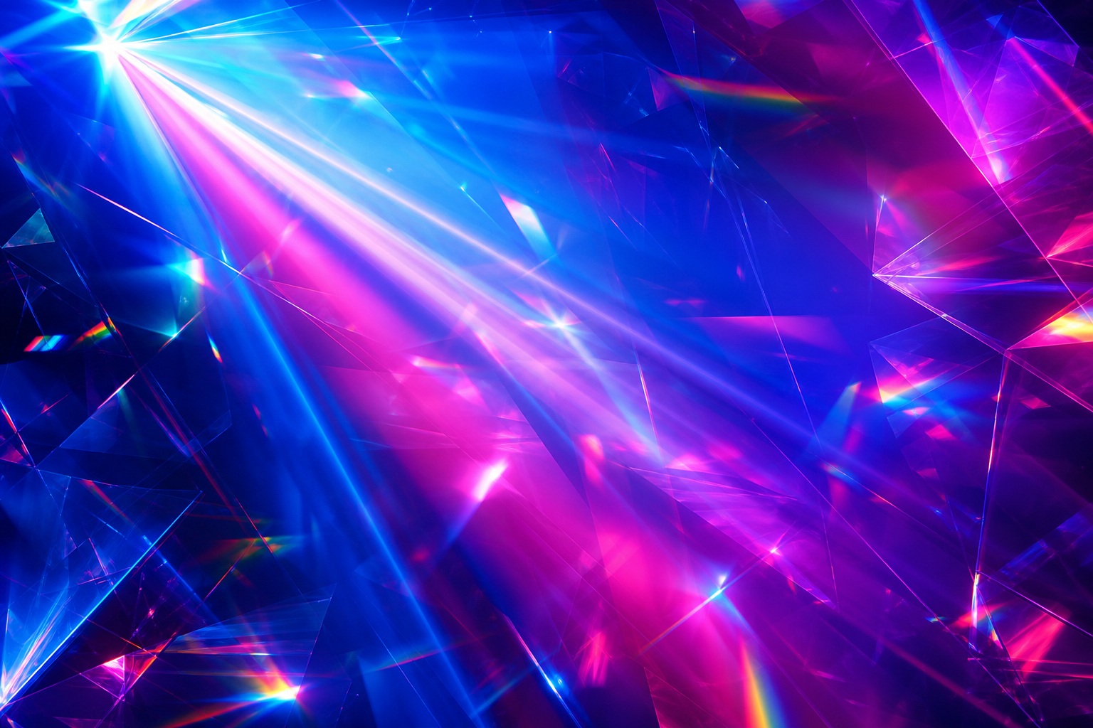 Abstract prism light overlay with rainbow streaks, magenta glow, and blue caustic beams