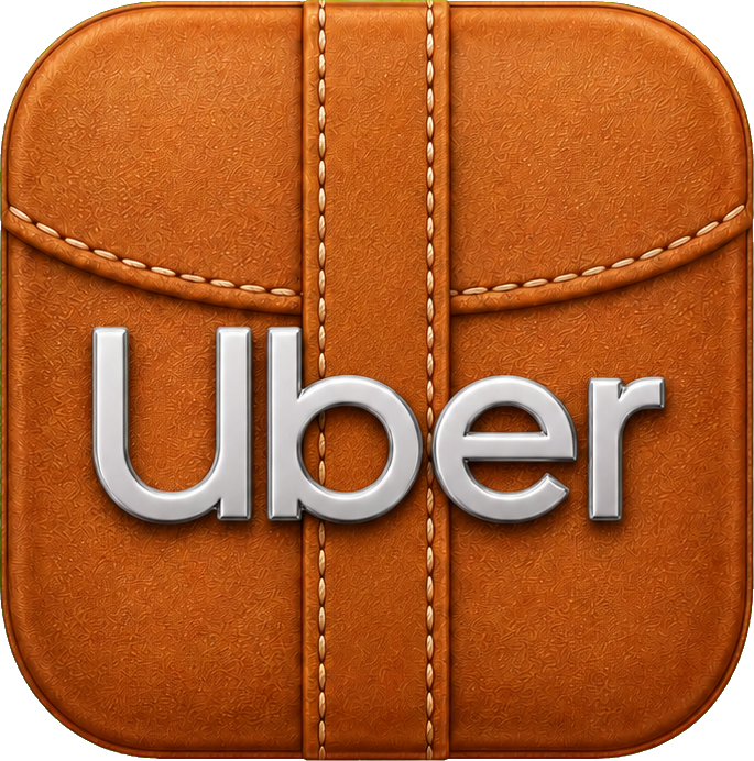 Square caramel leather-style icon with stitched seams and the word Uber.