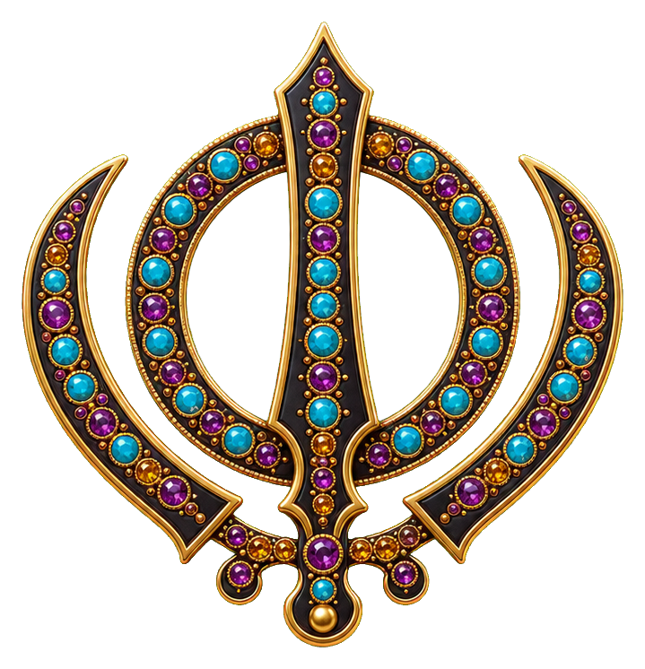 Beaded gemstone Khanda symbol with gold outline and colorful jewel accents