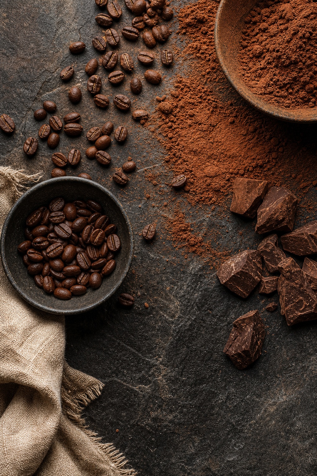 Top view of coffee beans, cocoa powder, chocolate pieces, and a cloth on a dark tabletop