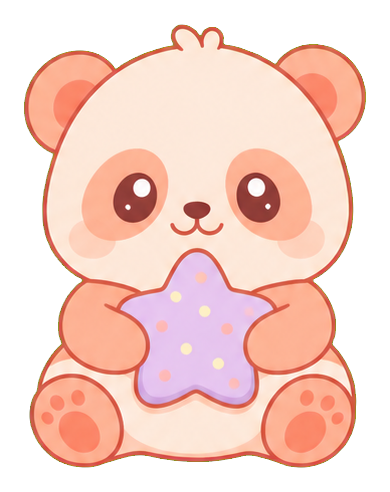 Cute peach panda holding a purple star cookie with pastel polka dots