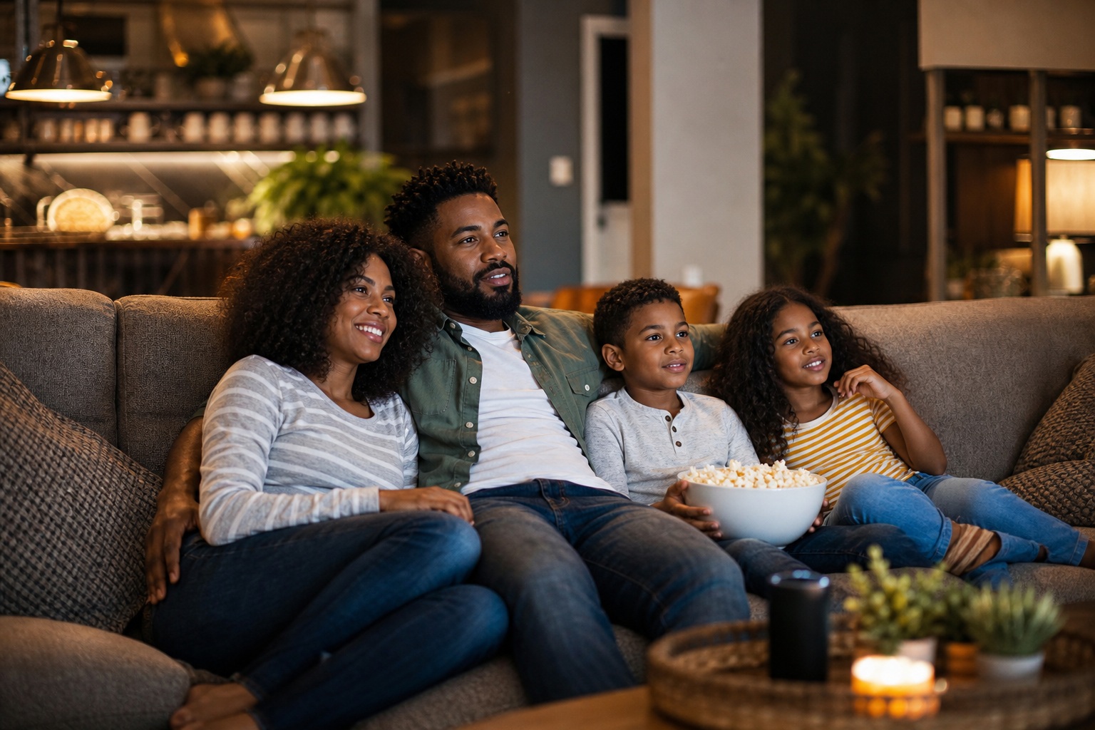 Family sitting on a couch in a living room while watching a movie and sharing popcorn.