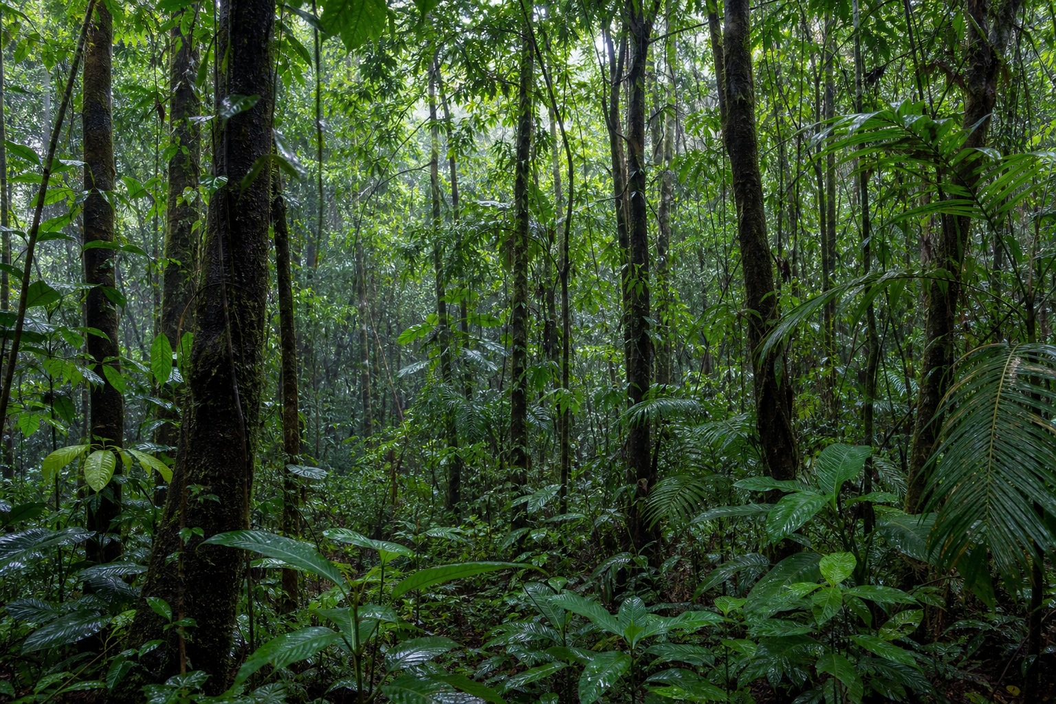 Tall rainforest trees with dark trunks and dense green foliage under an overcast canopy.
